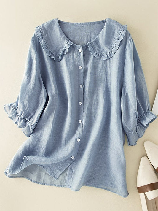 Cómoda Blusa para Mujer Cuello-con-Volantes Abotonada Corte-Holgado