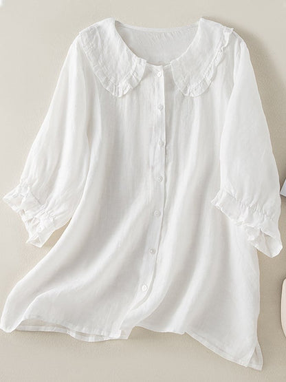 Cómoda Blusa para Mujer Cuello-con-Volantes Abotonada Corte-Holgado