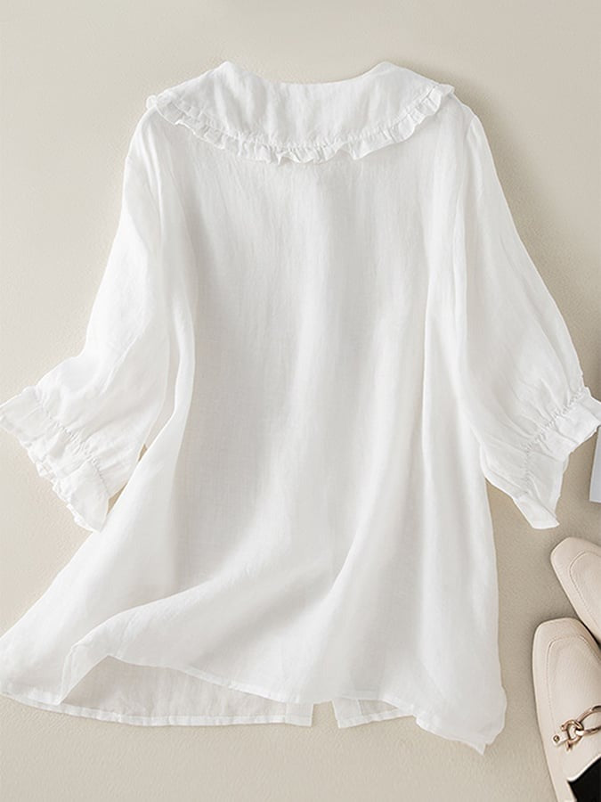 Cómoda Blusa para Mujer Cuello-con-Volantes Abotonada Corte-Holgado