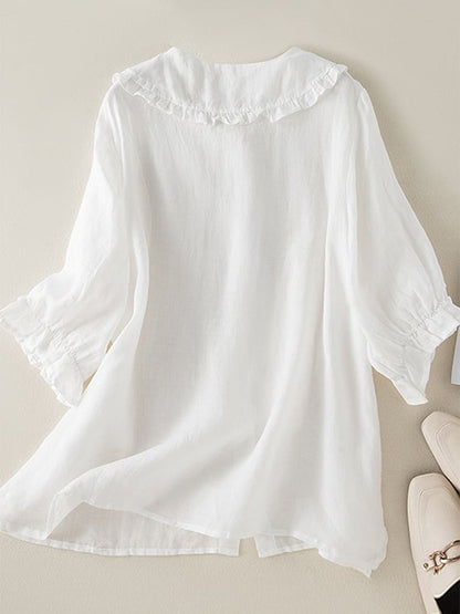 Cómoda Blusa para Mujer Cuello-con-Volantes Abotonada Corte-Holgado