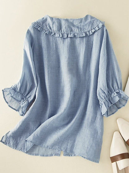 Cómoda Blusa para Mujer Cuello-con-Volantes Abotonada Corte-Holgado