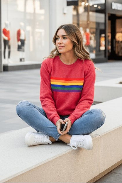 Cómoda Sudadera para Mujer Rayas-Arcoíris Manga-Larga Cuello-Redondo