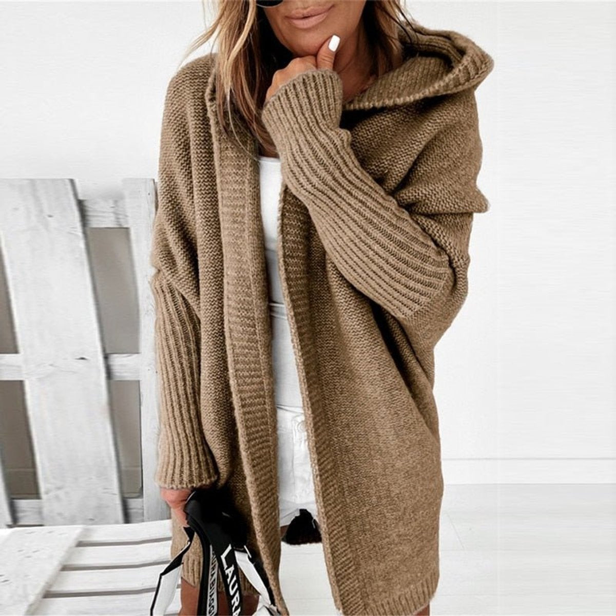 Cómodo Cárdigan Oversize para Mujer Con-Capucha Manga-Murciélago Abierto