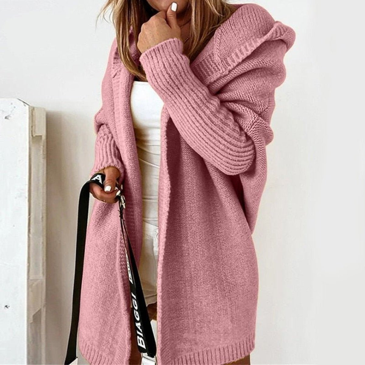 Cómodo Cárdigan Oversize para Mujer Con-Capucha Manga-Murciélago Abierto