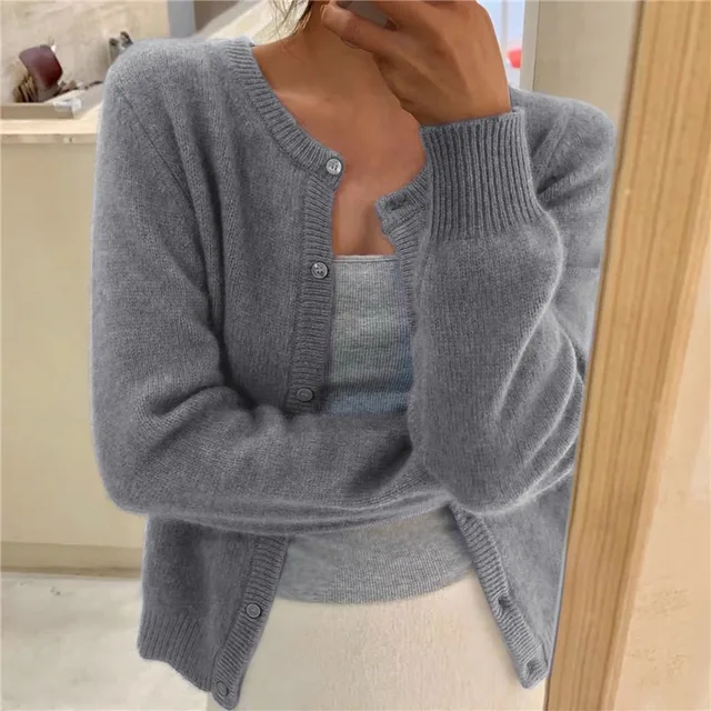 Cómodo Cárdigan para Mujer Cuello-Redondo Manga-Larga