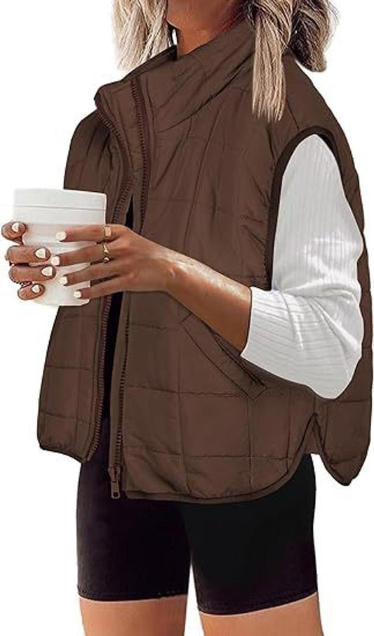 Cómodo Chaleco Acolchado para Mujer Cuello-Alto Con-Cremallera Con-Bolsillos