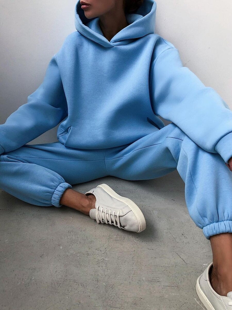 Cómodo Conjunto de Dos Piezas para Mujer Sudadera-con-Capucha Pantalón-Jogger Punto-Suave