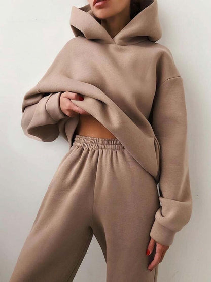 Cómodo Conjunto de Dos Piezas para Mujer Sudadera-con-Capucha Pantalón-Jogger Punto-Suave