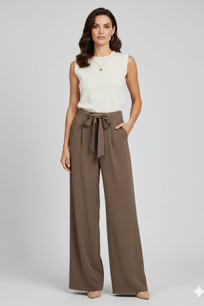 Cómodo Pantalón Palazzo para Mujer Pernera-Ancha Con-Cordón Corte-Fluido