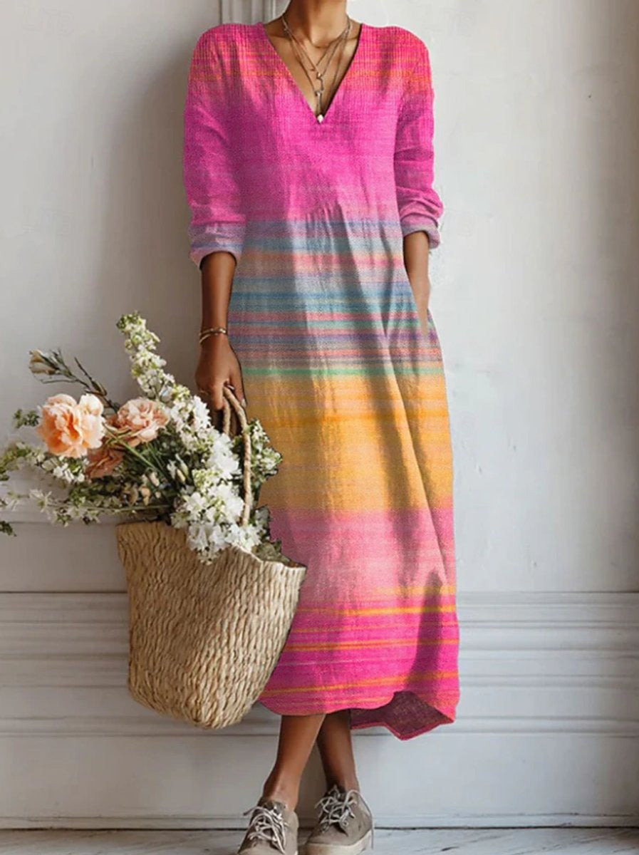 Cómodo Vestido Largo para Mujer Cuello-Pico Manga-Larga Con-Bolsillos