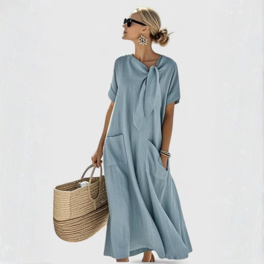 Cómodo Vestido Midi para Mujer Cuello-Anudado Con-Bolsillos Holgado