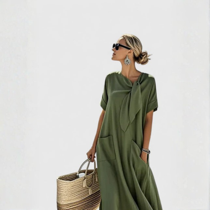Cómodo Vestido Midi para Mujer Cuello-Anudado Con-Bolsillos Holgado