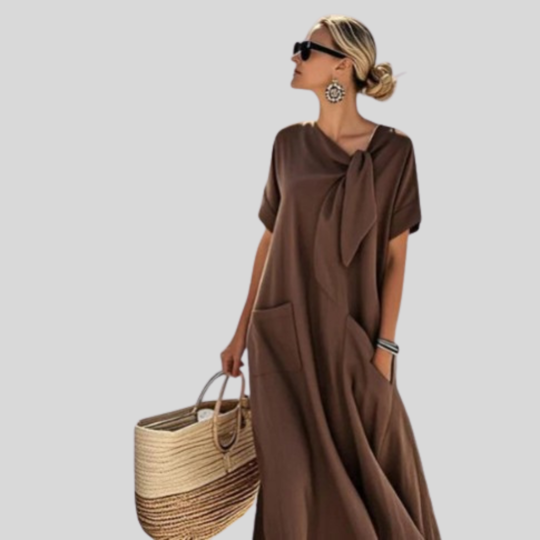 Cómodo Vestido Midi para Mujer Cuello-Anudado Con-Bolsillos Holgado