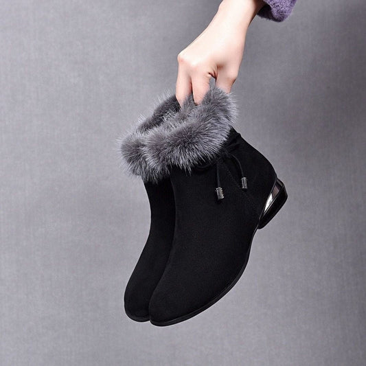 Cómodos Botines para Mujer Forro-Cálido Ribete-de-Pelo Tacón-Bajo