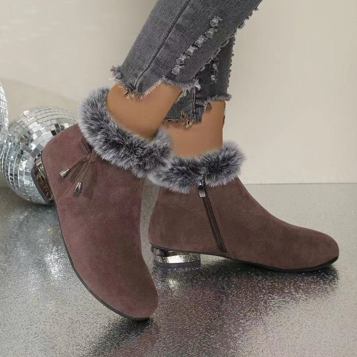 Cómodos Botines para Mujer Forro-Cálido Ribete-de-Pelo Tacón-Bajo