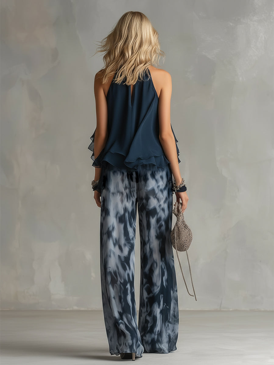 Ludovica - elegant i chiffon med højhalset top og vide printede bukser