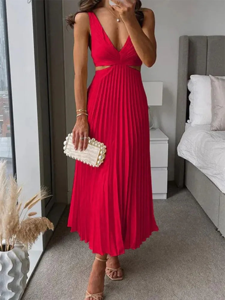 Olyna - Elegant V-Neck Pleated Skirt Dress for Women