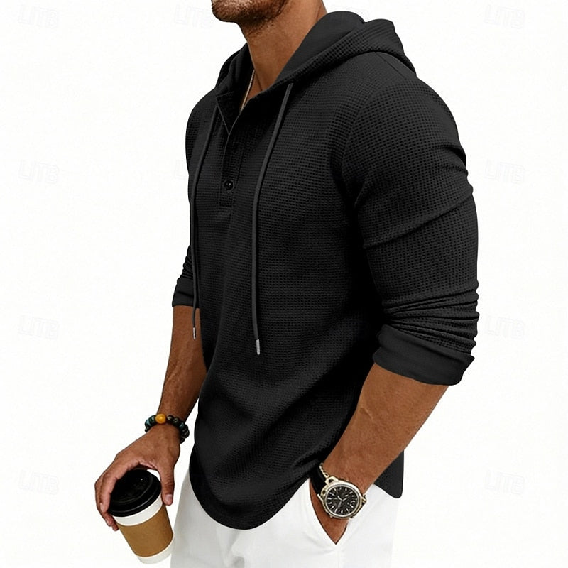 Cómoda Sudadera con Capucha para Hombre Punto-Gofre Con-Cordón Con-Botones