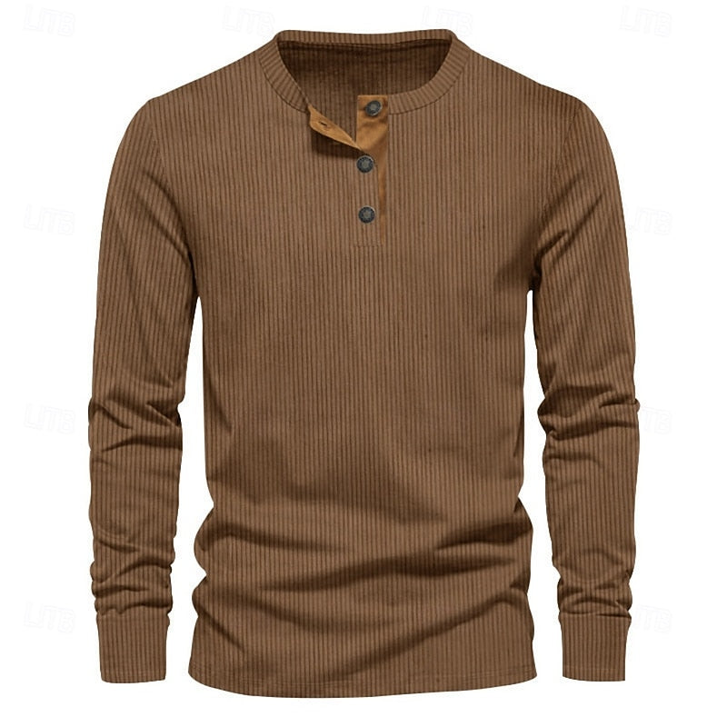 Cómoda Camiseta Henley para Hombre Manga-Larga Punto-Canalé Con-Botones
