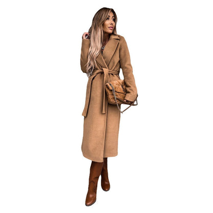 Elegante Abrigo de Lana para Mujer Largo Con-Cinturón Cuello-Solapa