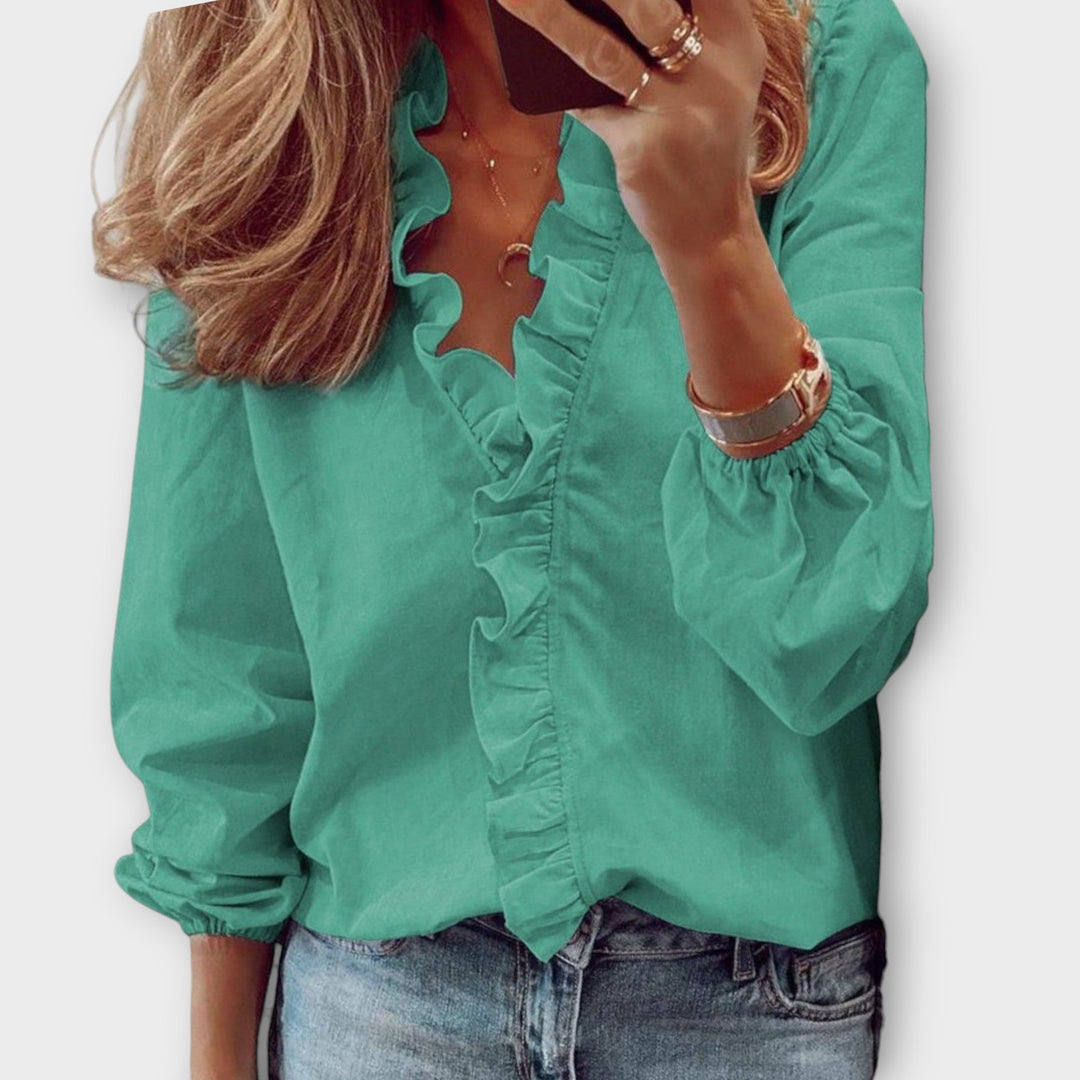 Elegante Blusa para Mujer Con-Volantes Escote-En-V Manga-Larga