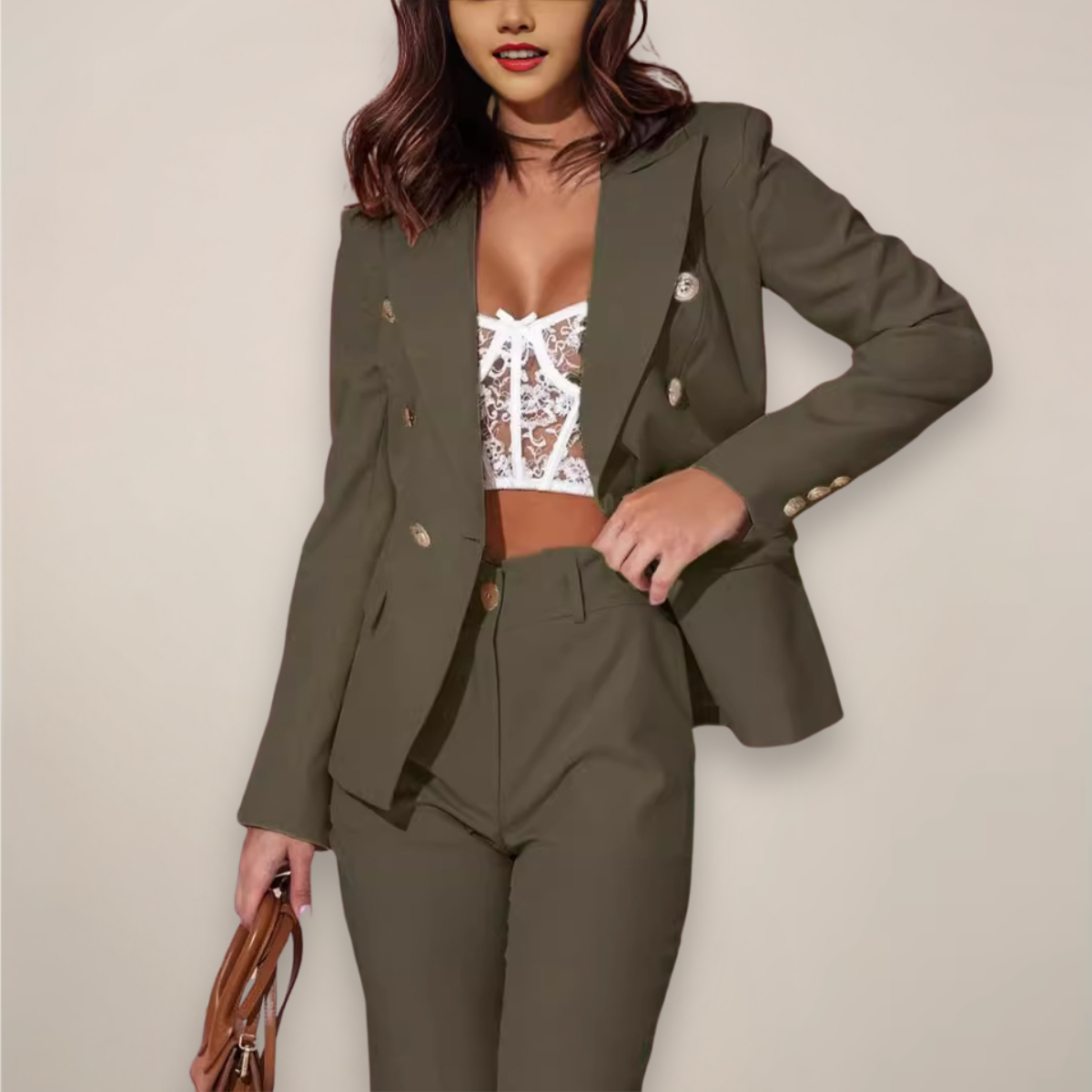 Elegante Conjunto de Dos Piezas para Mujer Blazer-Entallado Pantalón-Ajustado Con-Botones