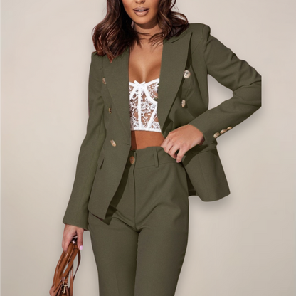 Elegante Conjunto de Dos Piezas para Mujer Blazer-Entallado Pantalón-Ajustado Con-Botones