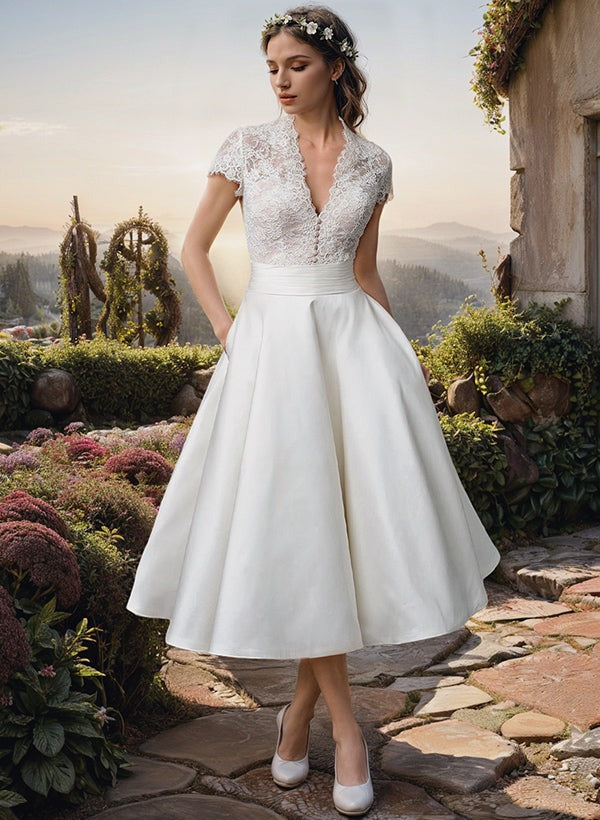 Elegante Vestido de Novia Midi para Mujer Cuerpo-de-Encaje Cuello-Pico Falda-Vaporosa