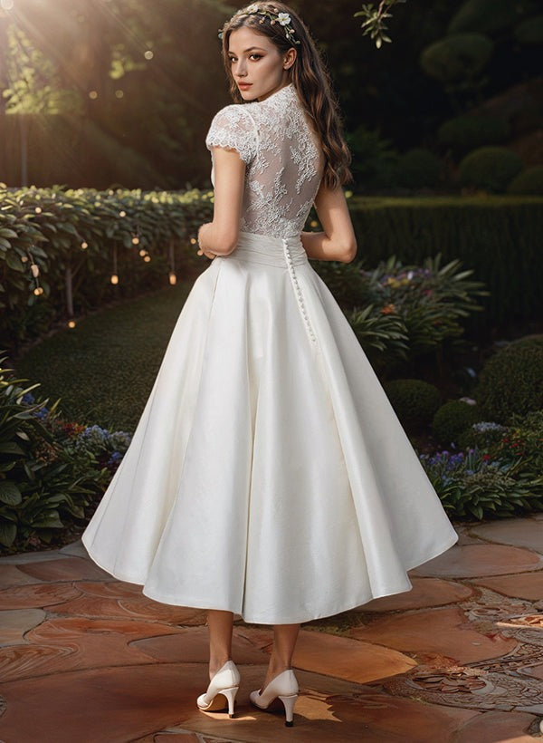 Elegante Vestido de Novia Midi para Mujer Cuerpo-de-Encaje Cuello-Pico Falda-Vaporosa