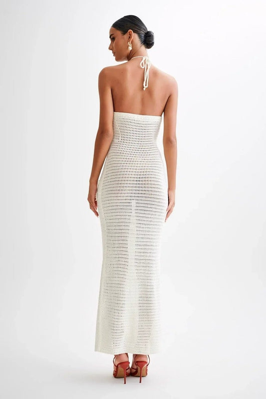 Elegante Vestido Largo de Ganchillo para Mujer Espalda-Descubierta Cuello-Halter