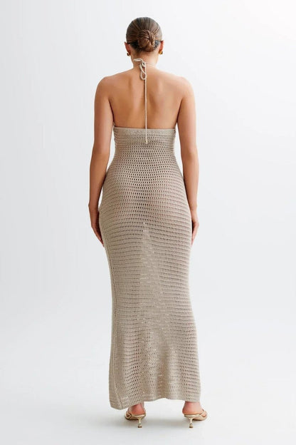 Elegante Vestido Largo de Ganchillo para Mujer Espalda-Descubierta Cuello-Halter