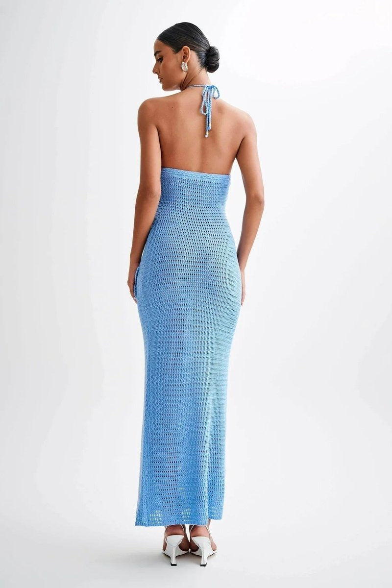 Elegante Vestido Largo de Ganchillo para Mujer Espalda-Descubierta Cuello-Halter