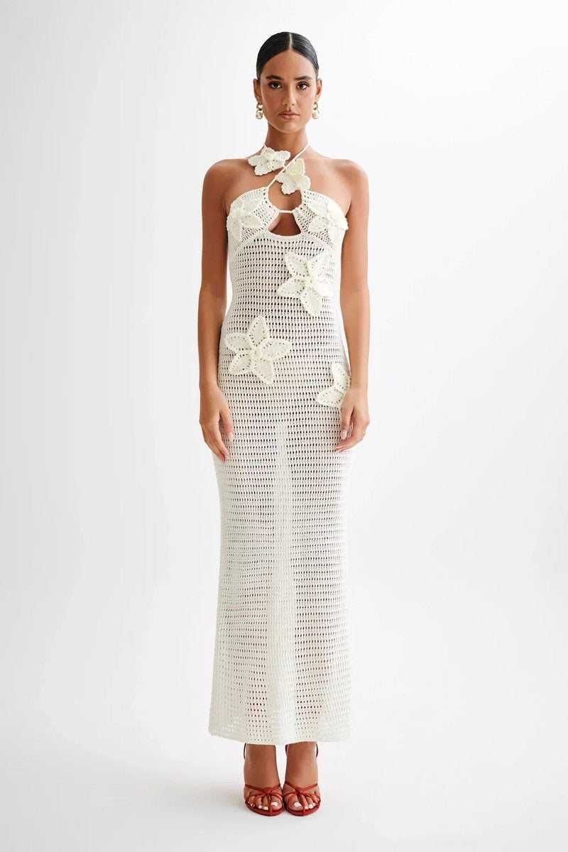 Elegante Vestido Largo de Ganchillo para Mujer Espalda-Descubierta Cuello-Halter