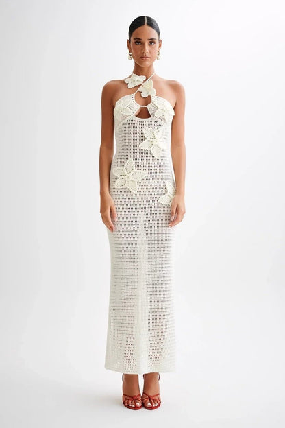 Elegante Vestido Largo de Ganchillo para Mujer Espalda-Descubierta Cuello-Halter