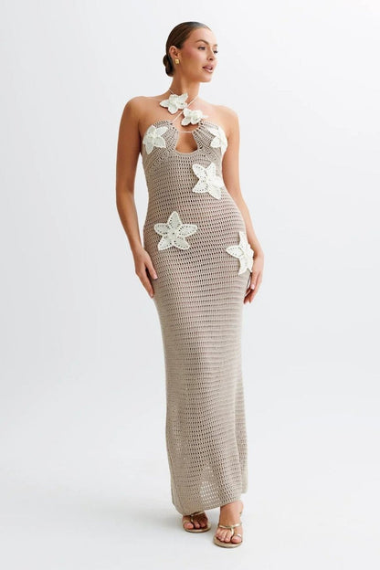 Elegante Vestido Largo de Ganchillo para Mujer Espalda-Descubierta Cuello-Halter