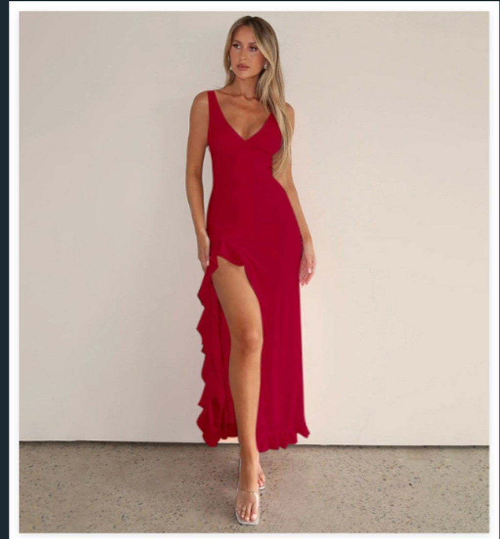Elegante Vestido Largo de Volantes para Mujer Cuello-Pico Sin-Mangas Con-Abertura