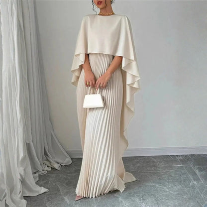 Elegante Vestido Largo para Mujer Con-Capa Plisado Fluido