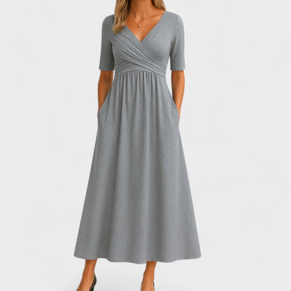 Elegante Vestido Largo para Mujer Escote-En-V Manga-Corta Fluido