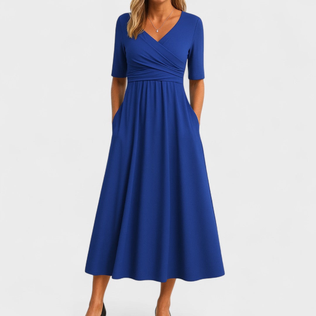 Elegante Vestido Largo para Mujer Escote-En-V Manga-Corta Fluido