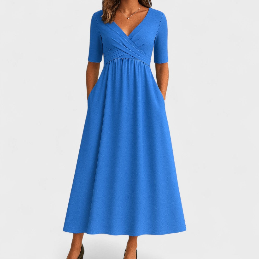 Elegante Vestido Largo para Mujer Escote-En-V Manga-Corta Fluido