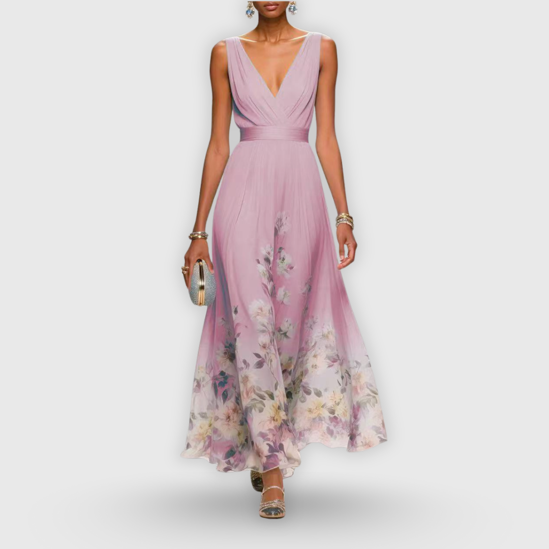 Elegante Vestido Largo para Mujer Estampado-Floral Escote-En-V Fluido