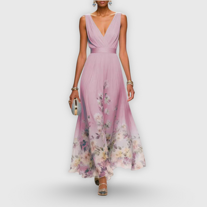 Elegante Vestido Largo para Mujer Estampado-Floral Escote-En-V Fluido