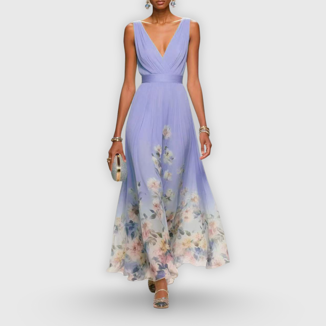 Elegante Vestido Largo para Mujer Estampado-Floral Escote-En-V Fluido