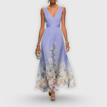 Elegante Vestido Largo para Mujer Estampado-Floral Escote-En-V Fluido