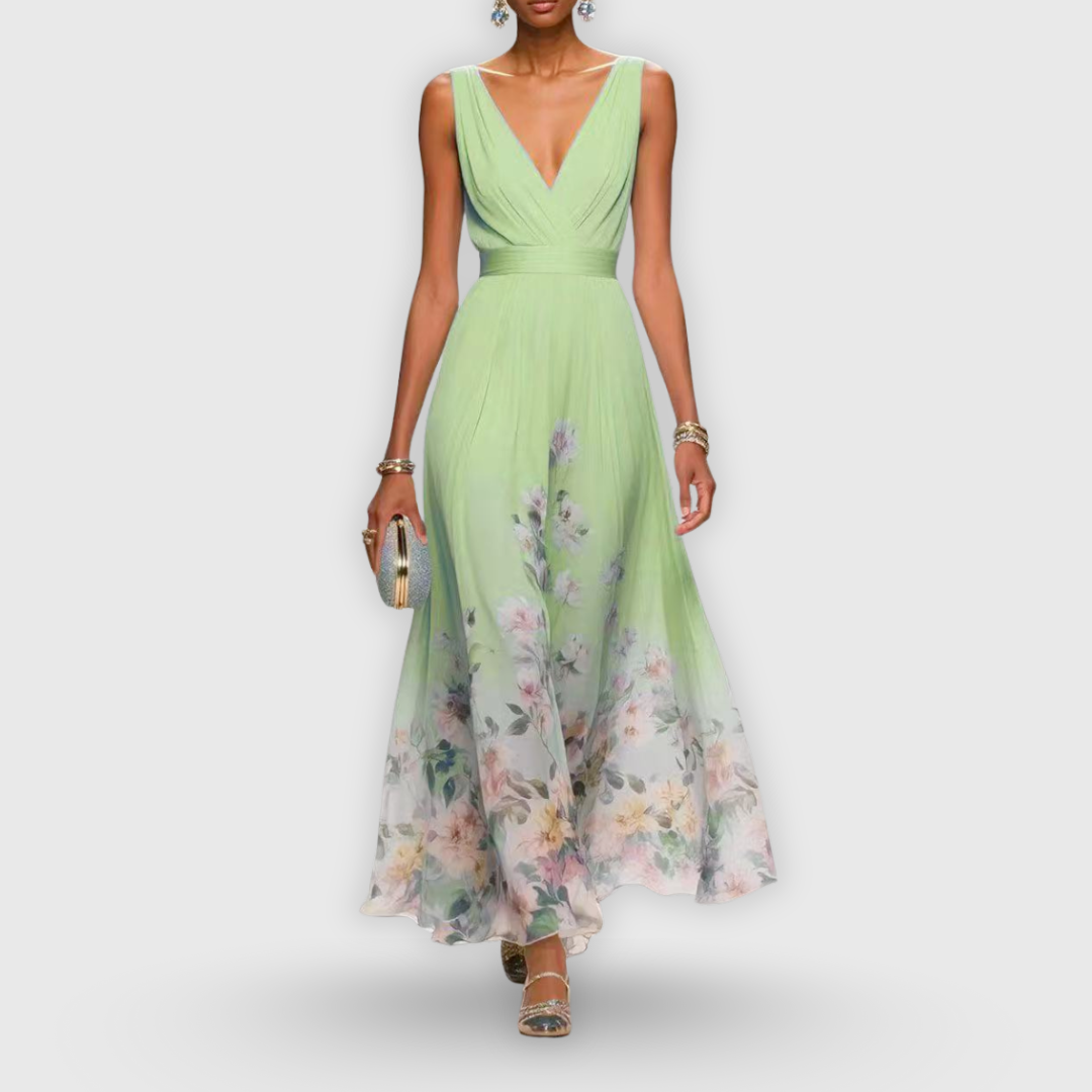 Elegante Vestido Largo para Mujer Estampado-Floral Escote-En-V Fluido