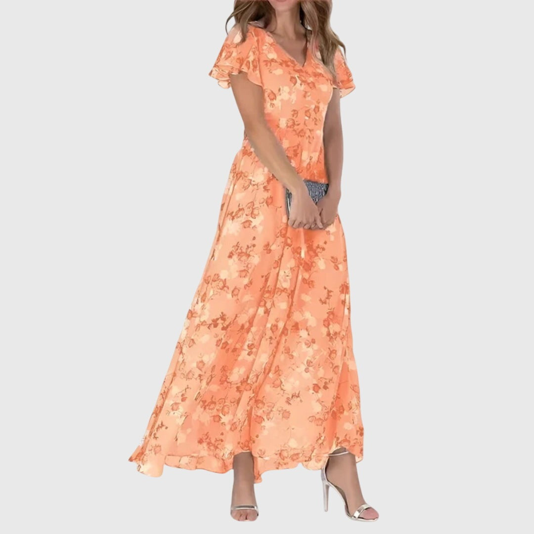Elegante Vestido Largo para Mujer Estampado-Floral Escote-En-V Fluido — Azul