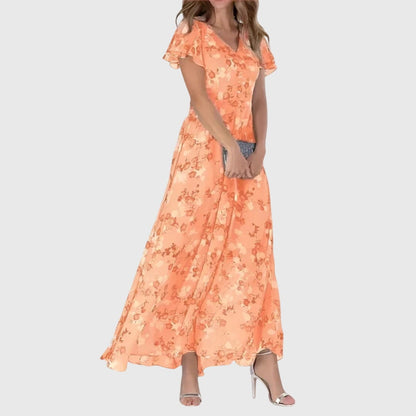Elegante Vestido Largo para Mujer Estampado-Floral Escote-En-V Fluido — Azul
