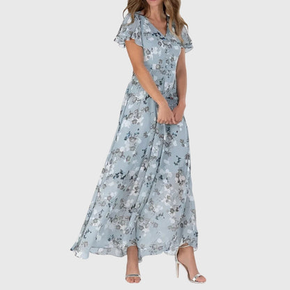 Elegante Vestido Largo para Mujer Estampado-Floral Escote-En-V Fluido — Azul