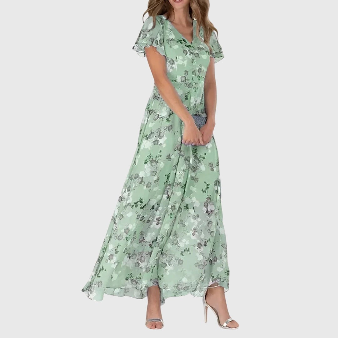 Elegante Vestido Largo para Mujer Estampado-Floral Escote-En-V Fluido — Azul