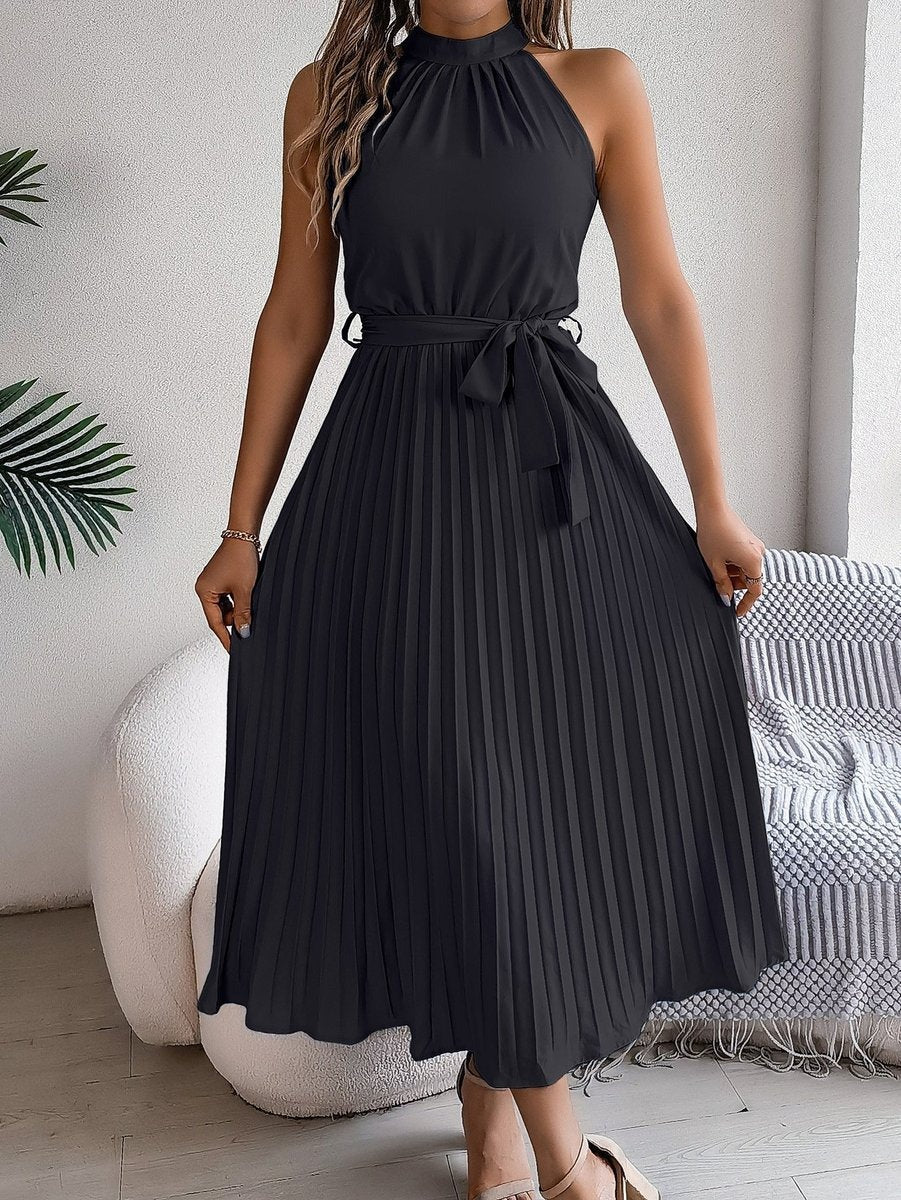 Elegante Vestido Largo Plisado para Mujer Sin-Mangas Cuello-Halter Con-Cinturón